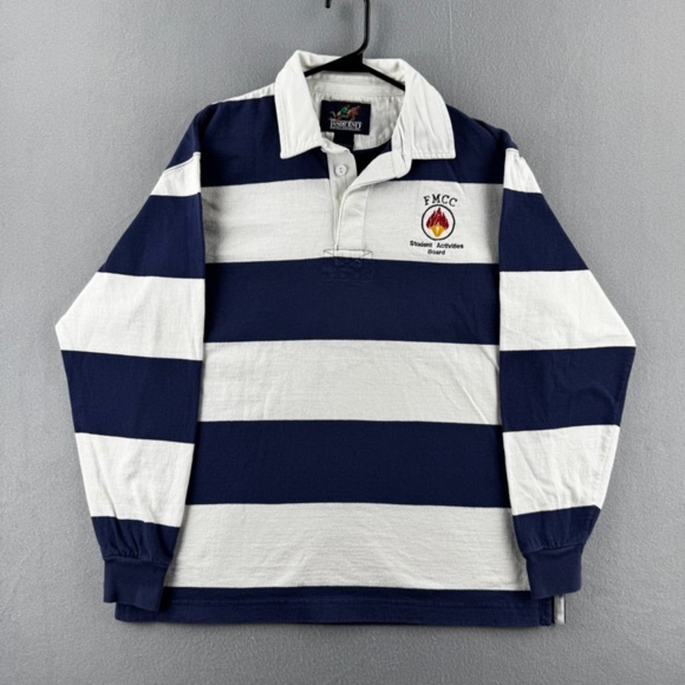 Vintage Lands End Rugby Shirt Mens Medium Blue Striped Cotton Long Sleeve Polo
